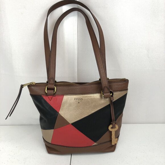 Fossil Diamond Leather Patchwork Purse Shoulder Bag Gold Key Red Black Gold - Picture 1 of 16